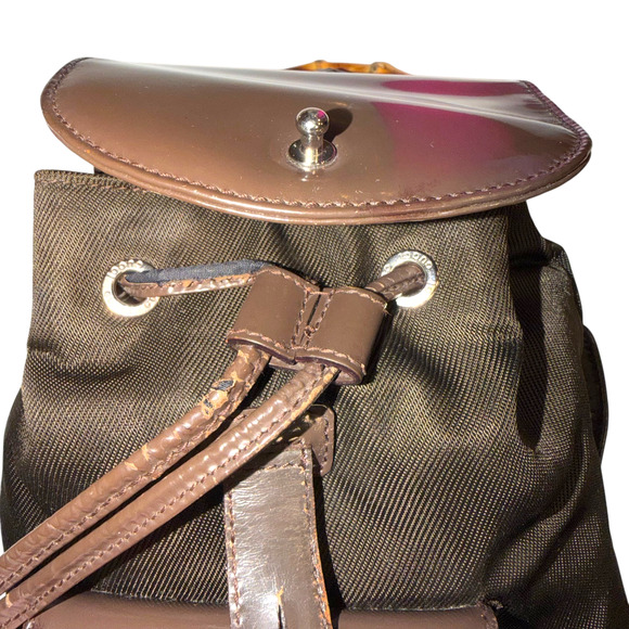 Vintage Gucci Brown Mini Backpack w/ Bamboo Handle Patent Leather + Nylon Auth main image 16